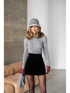 Textured Cotton Button-Placket Long-Sleeve Top in Gray, alternate view