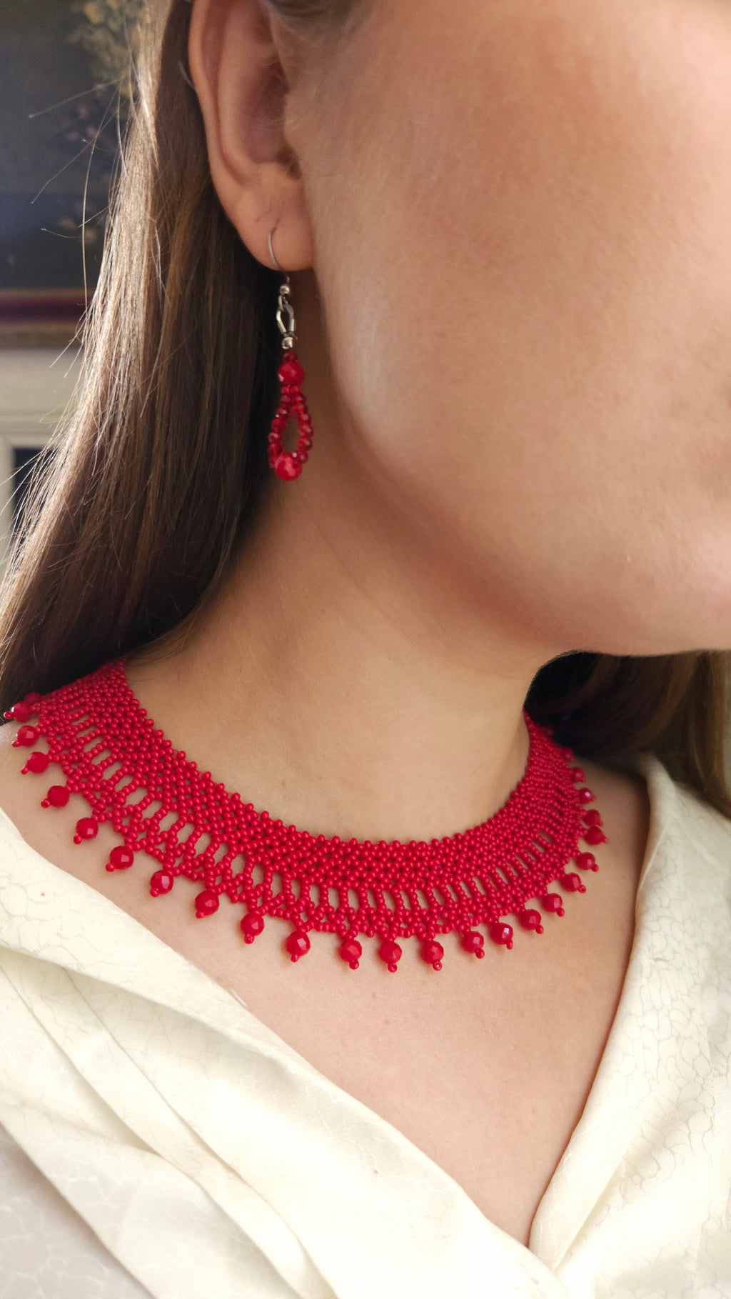 Red Czech Glass Bead Collar Necklace and Earrings Set in Red – alternate view 3