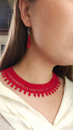 Red Czech Glass Bead Collar Necklace and Earrings Set in Red – alternate view 3
