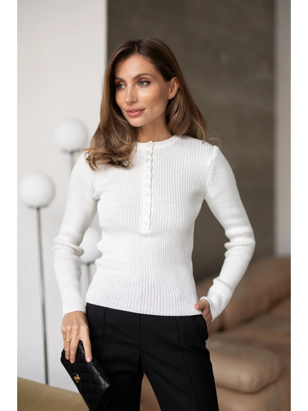 Textured Cotton Button-Placket Long-Sleeve Top in Milk, alternate view