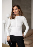 Textured Cotton Button-Placket Long-Sleeve Top in Milk, alternate view