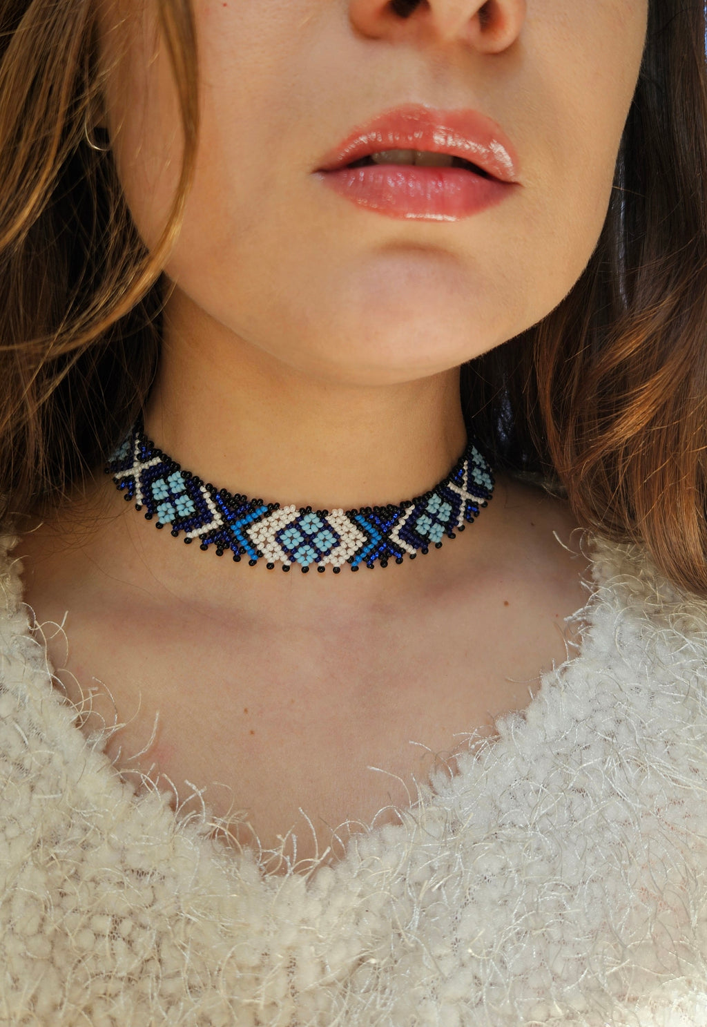 Lesya Ukrainka–Inspired Blue Sylianka – Beaded Ukrainian Choker in Blue, white and black – styling view 1