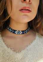 Lesya Ukrainka–Inspired Blue Sylianka – Beaded Ukrainian Choker in Blue, white and black – styling view 1