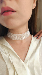 Poltava Merezhka Beaded Gerdan Choker – Ukrainian Necklace in Taupe and white – styling view 2