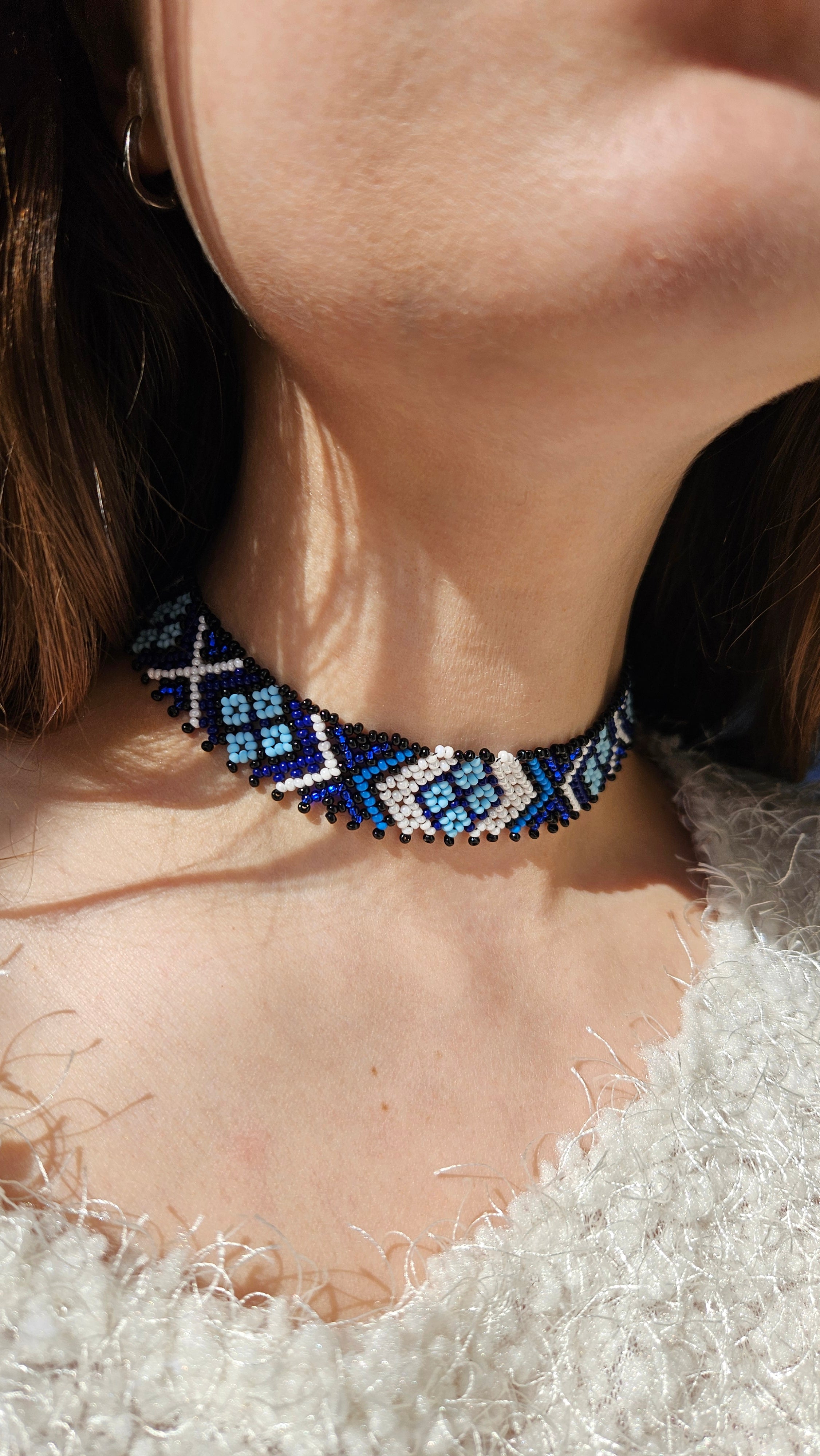 Lesya Ukrainka–Inspired Blue Sylianka – Beaded Ukrainian Choker in Blue, white and black – styling view 2