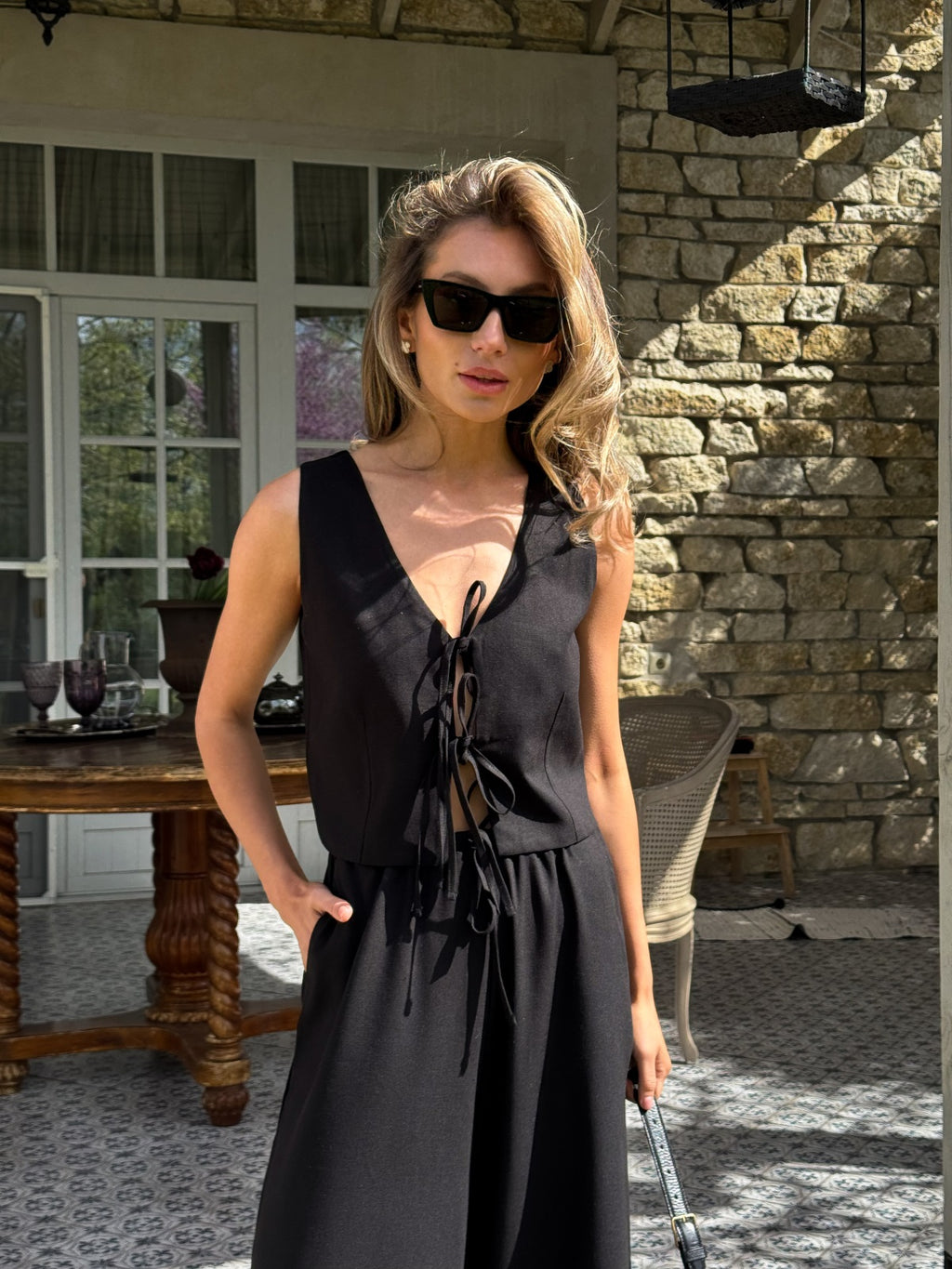 Women's Linen Two-Piece Set with Tie — Confeti