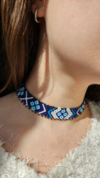 Lesya Ukrainka–Inspired Blue Sylianka – Beaded Ukrainian Choker in Blue, white and black – styling view 3
