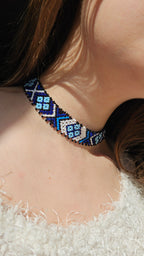 Lesya Ukrainka–Inspired Blue Sylianka – Beaded Ukrainian Choker in Blue, white and black – styling view 4