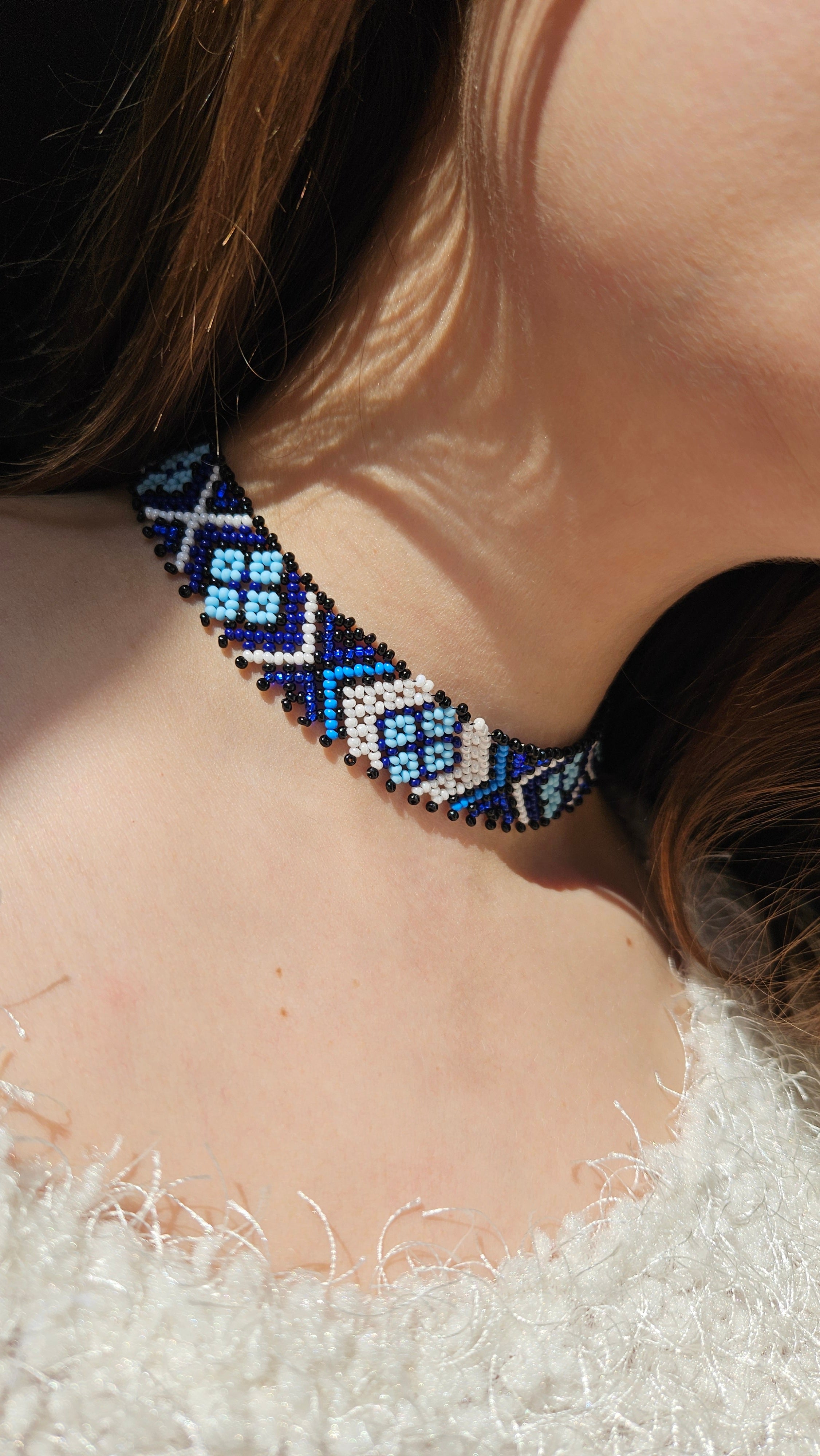 Lesya Ukrainka–Inspired Blue Sylianka – Beaded Ukrainian Choker in Blue, white and black – styling view 4