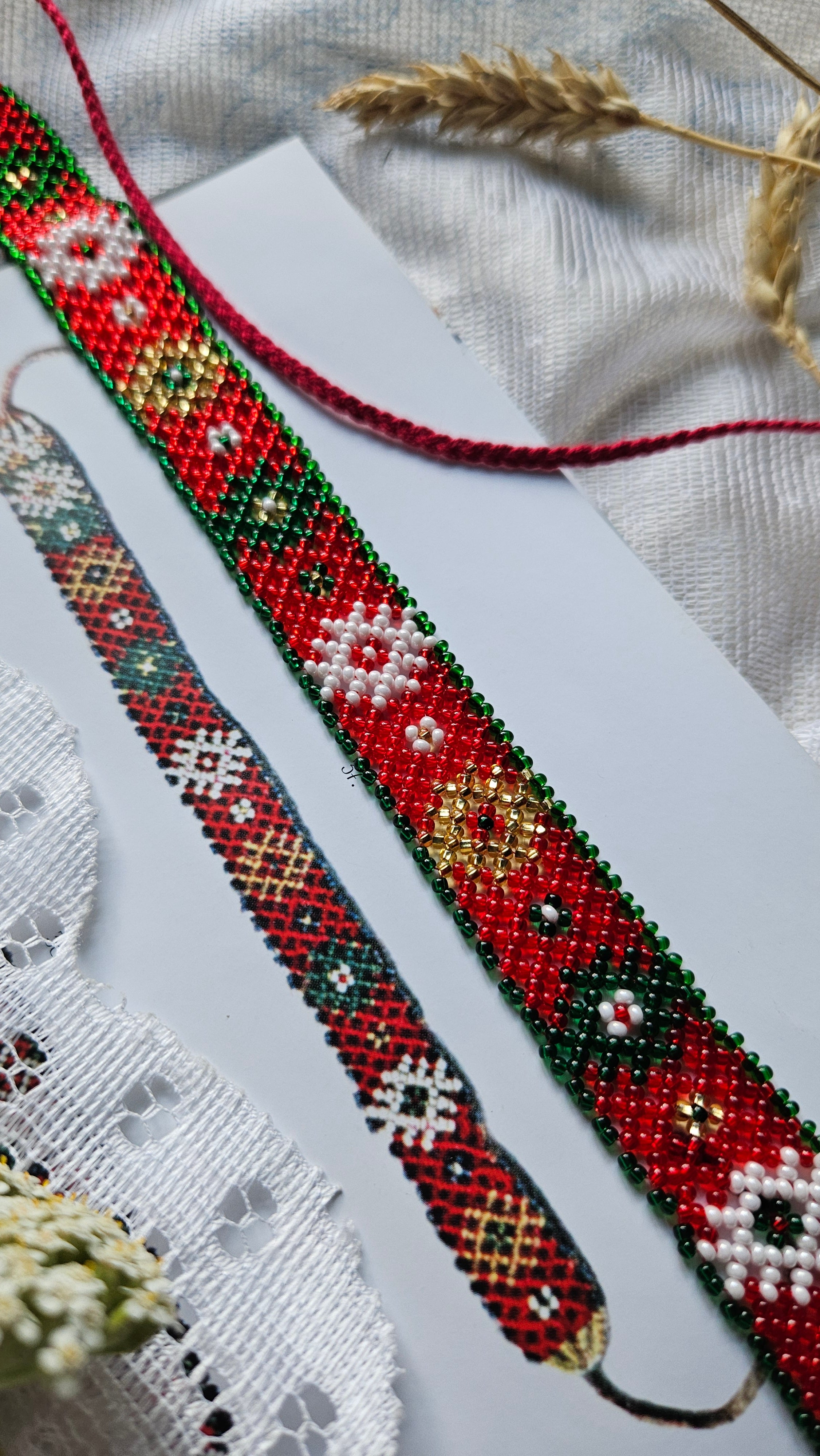 Krasa Red Floral Sylianka – Ukrainian Beaded Choker in Red, green and white – styling view 4