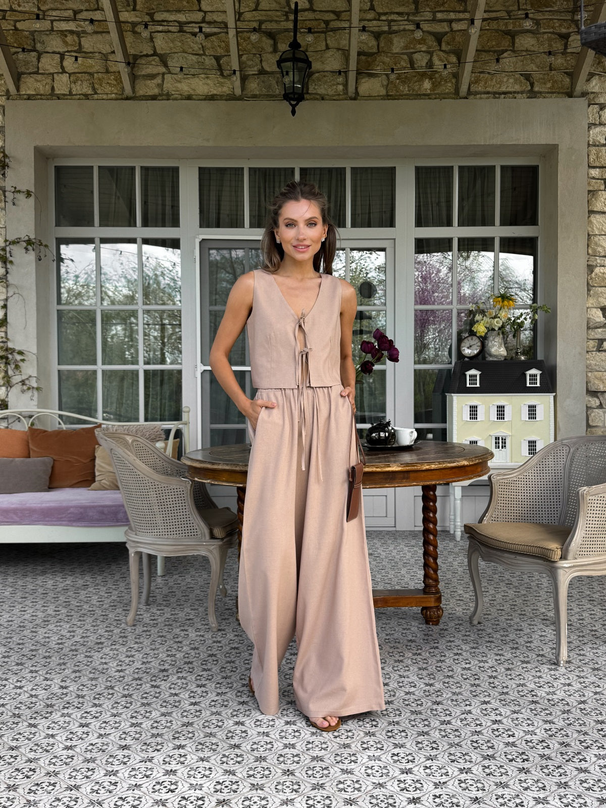 Women's Linen Two-Piece Set with Tie — Confeti