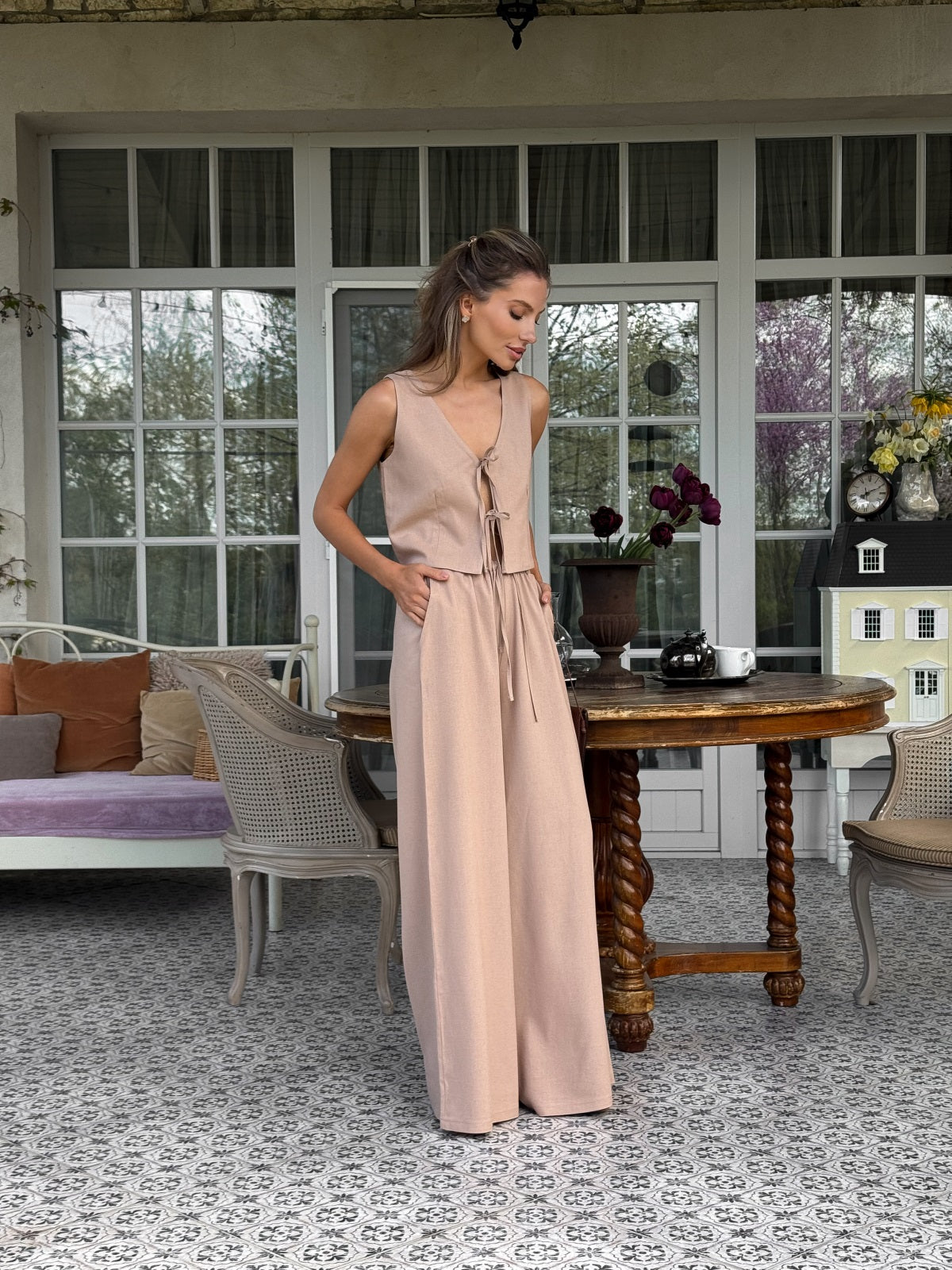 Women's Linen Two-Piece Set with Tie — Confeti