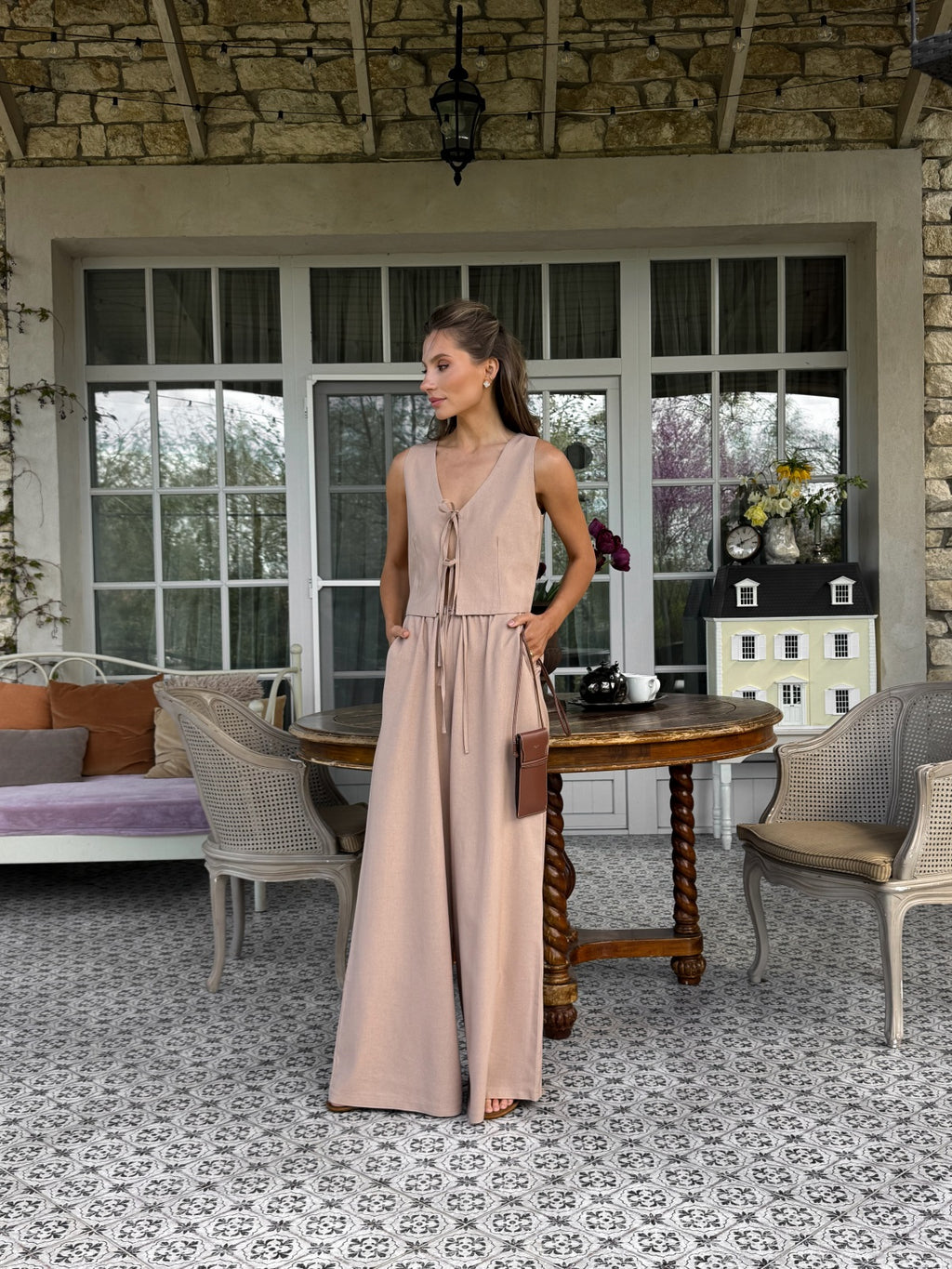Women's Linen Two-Piece Set with Tie — Confeti