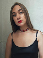 Krasa Red Floral Sylianka – Ukrainian Beaded Choker in Red, green and white – styling view 1