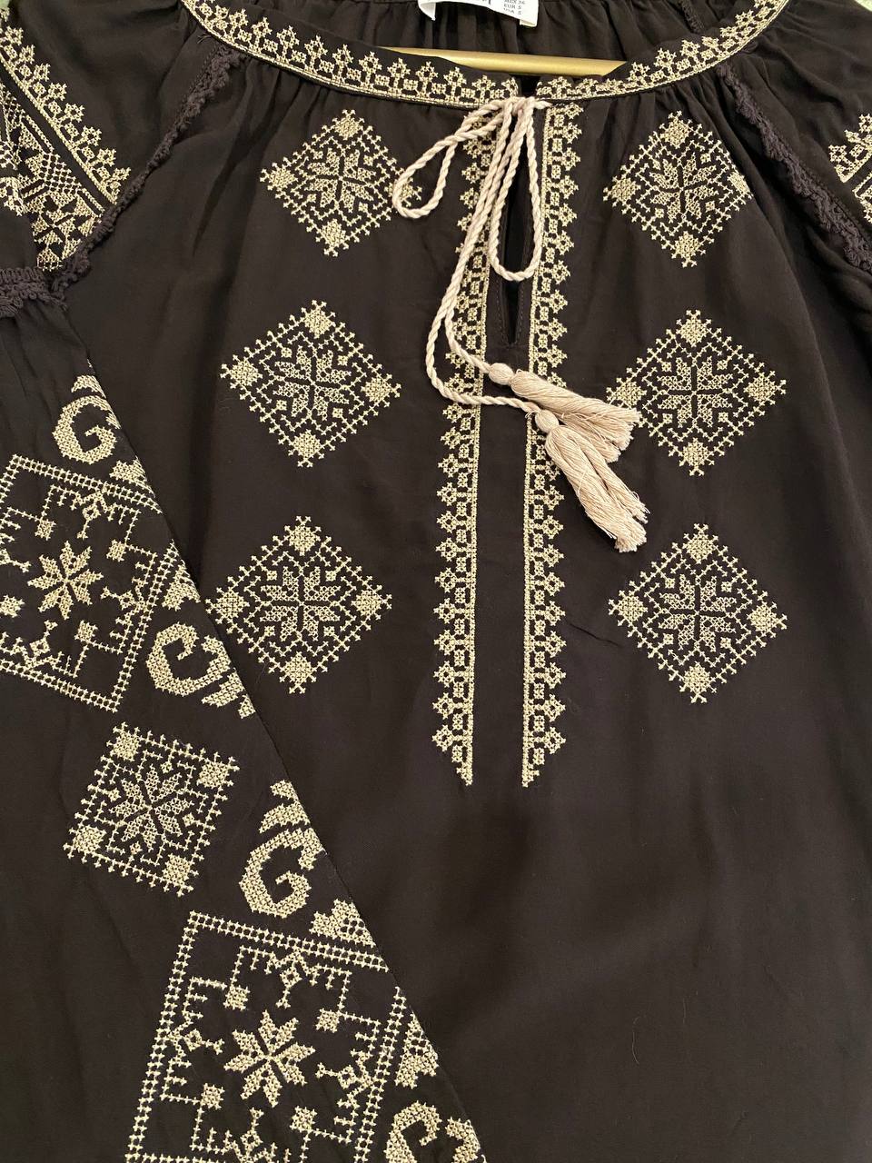 Women's Chocolate Embroidered Vyshyvanka Shirt - Tie Neck - product photo 1