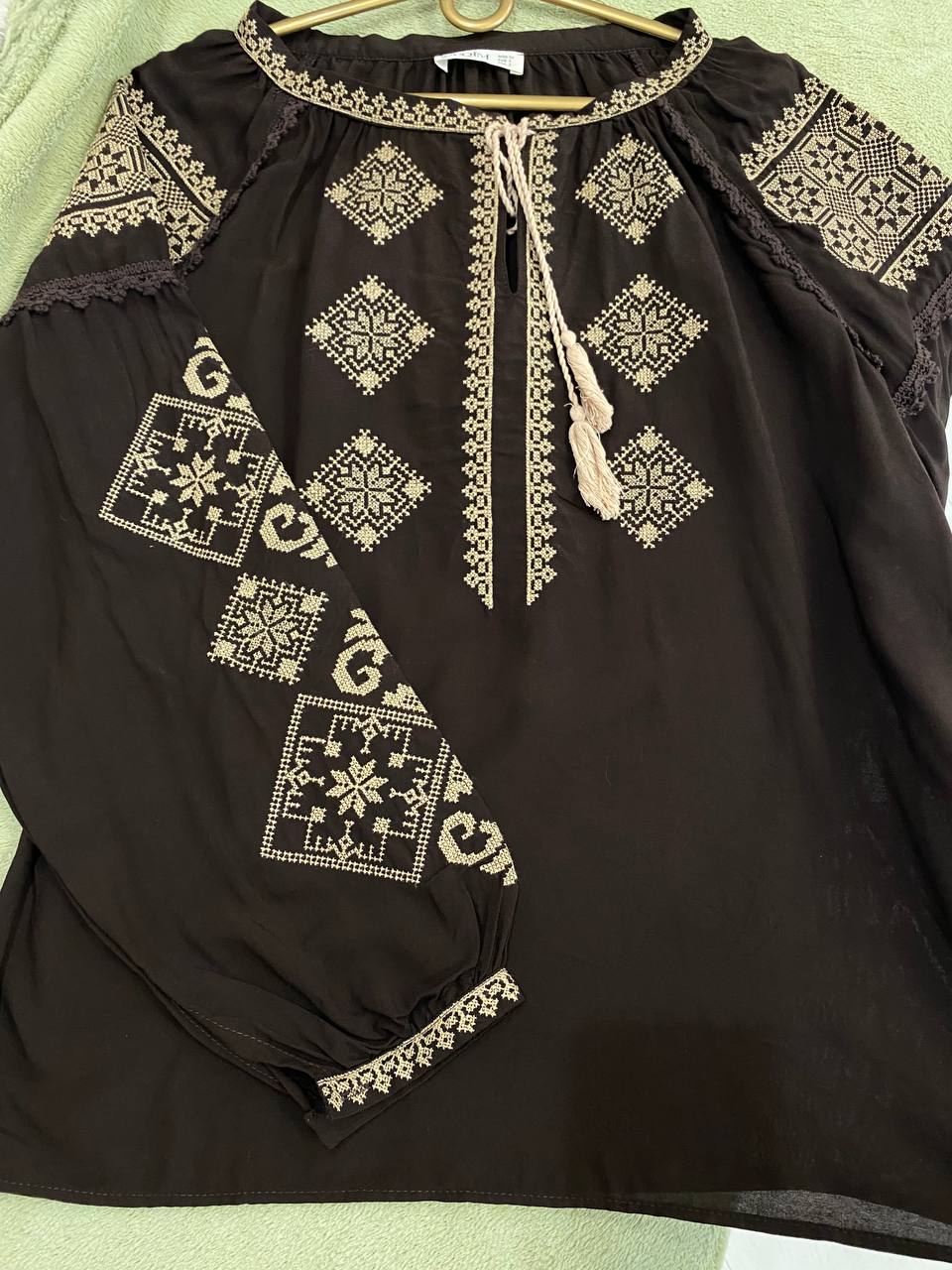 Women's Chocolate Embroidered Vyshyvanka Shirt - Tie Neck - product photo 2