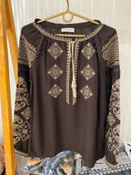 Women's Chocolate Embroidered Vyshyvanka Shirt - Tie Neck - product photo 3