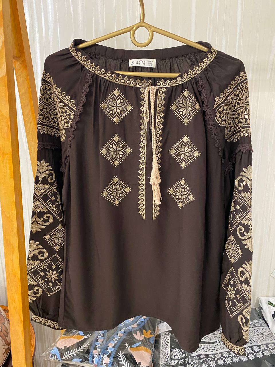 Women's Chocolate Embroidered Vyshyvanka Shirt - Tie Neck - product photo 3