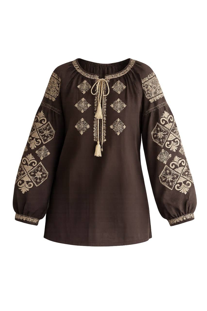 Women's Chocolate Embroidered Vyshyvanka Shirt - Tie Neck - product photo 4