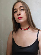 Krasa Red Floral Sylianka – Ukrainian Beaded Choker in Red, green and white – styling view 2