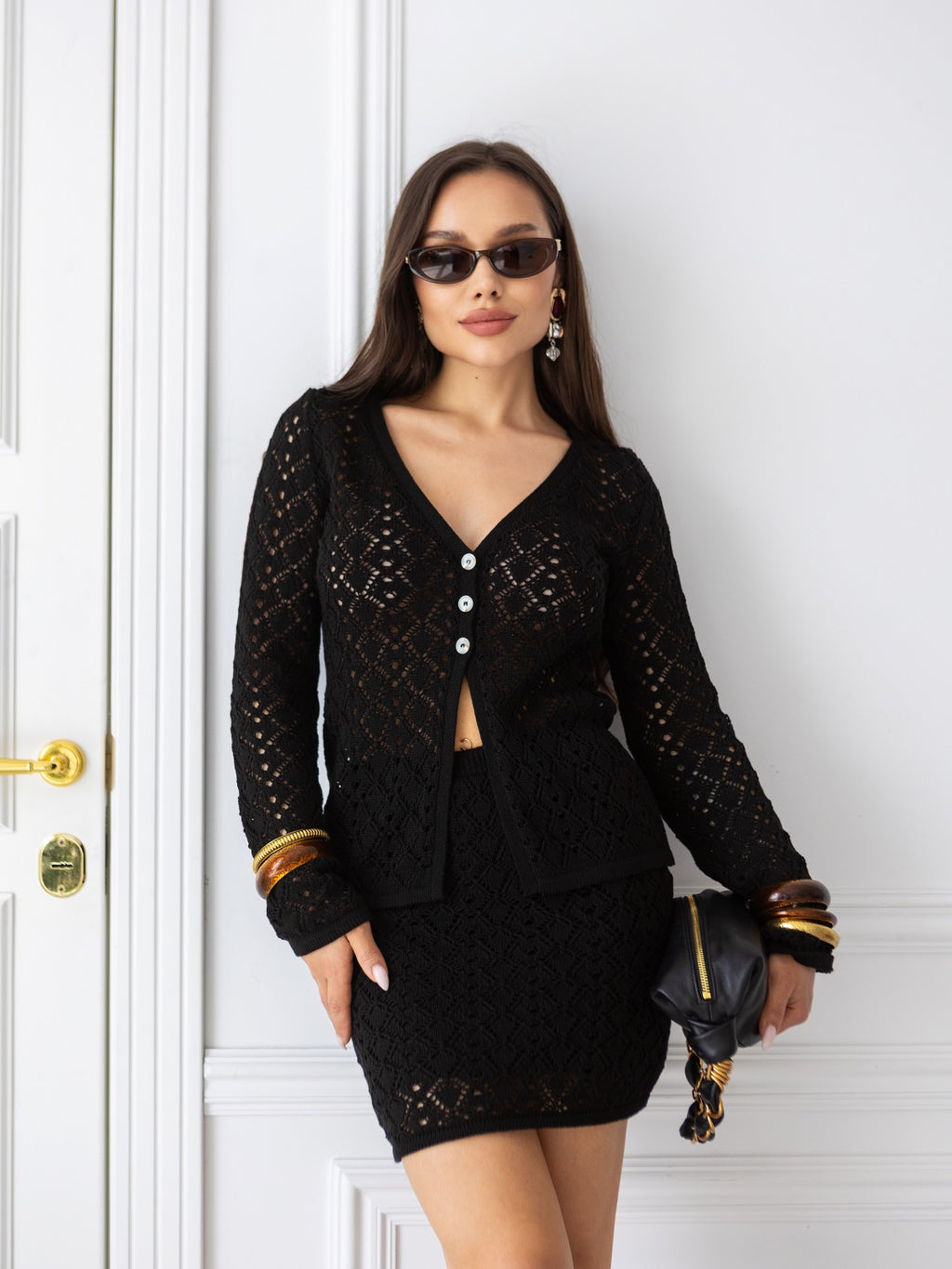 Women's Cotton Knit Cardigan and Mini Skirt Set in black, alternate view