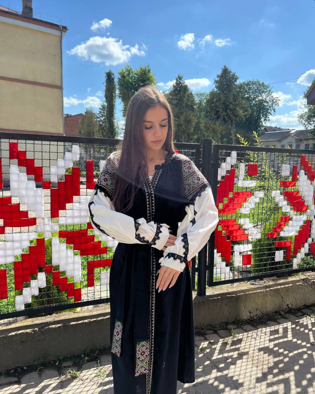 Ukrainian Embroidered Dress with Belt – Cotton Midi | S–3XL