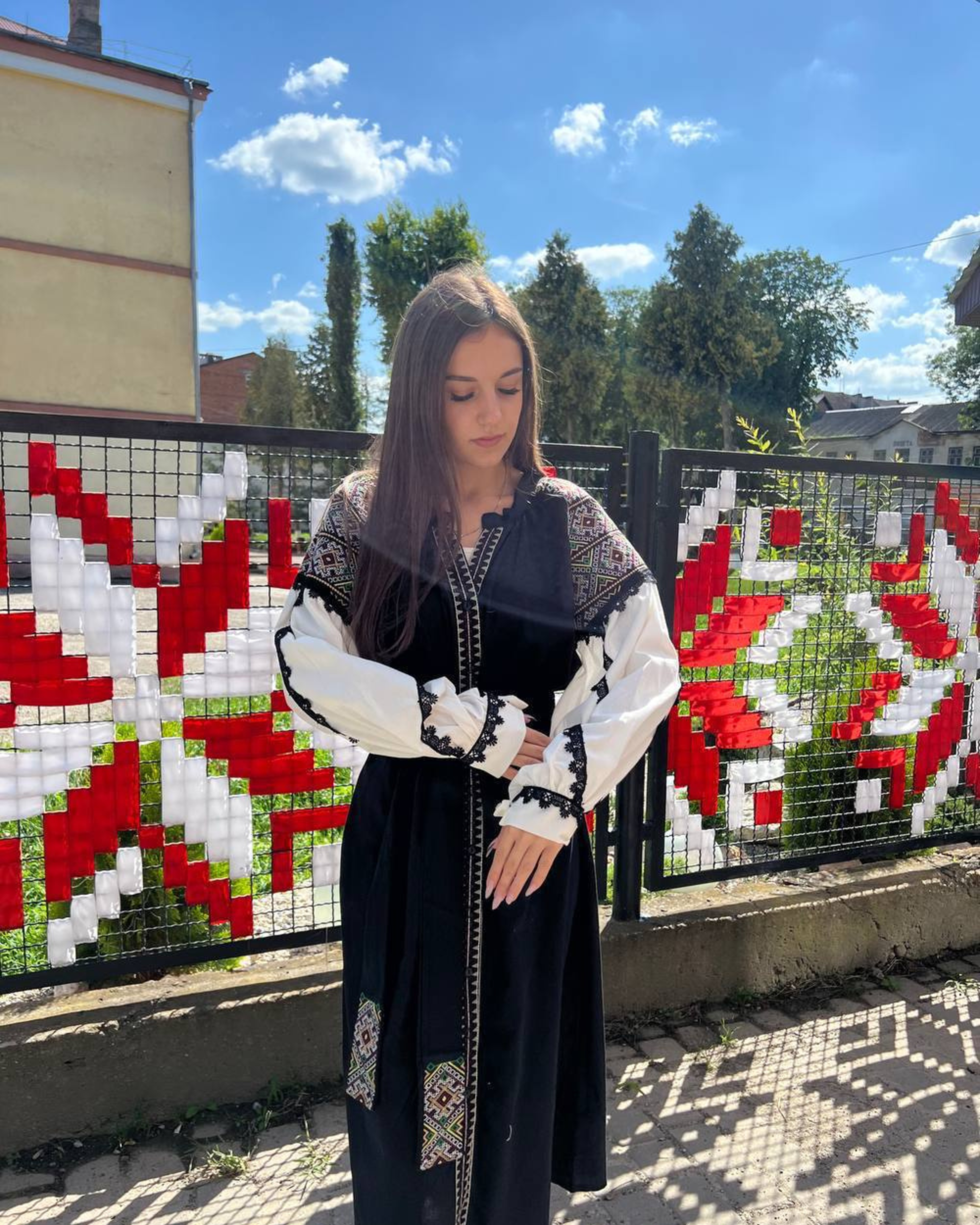 Ukrainian Embroidered Dress with Belt – Cotton Midi | S–3XL