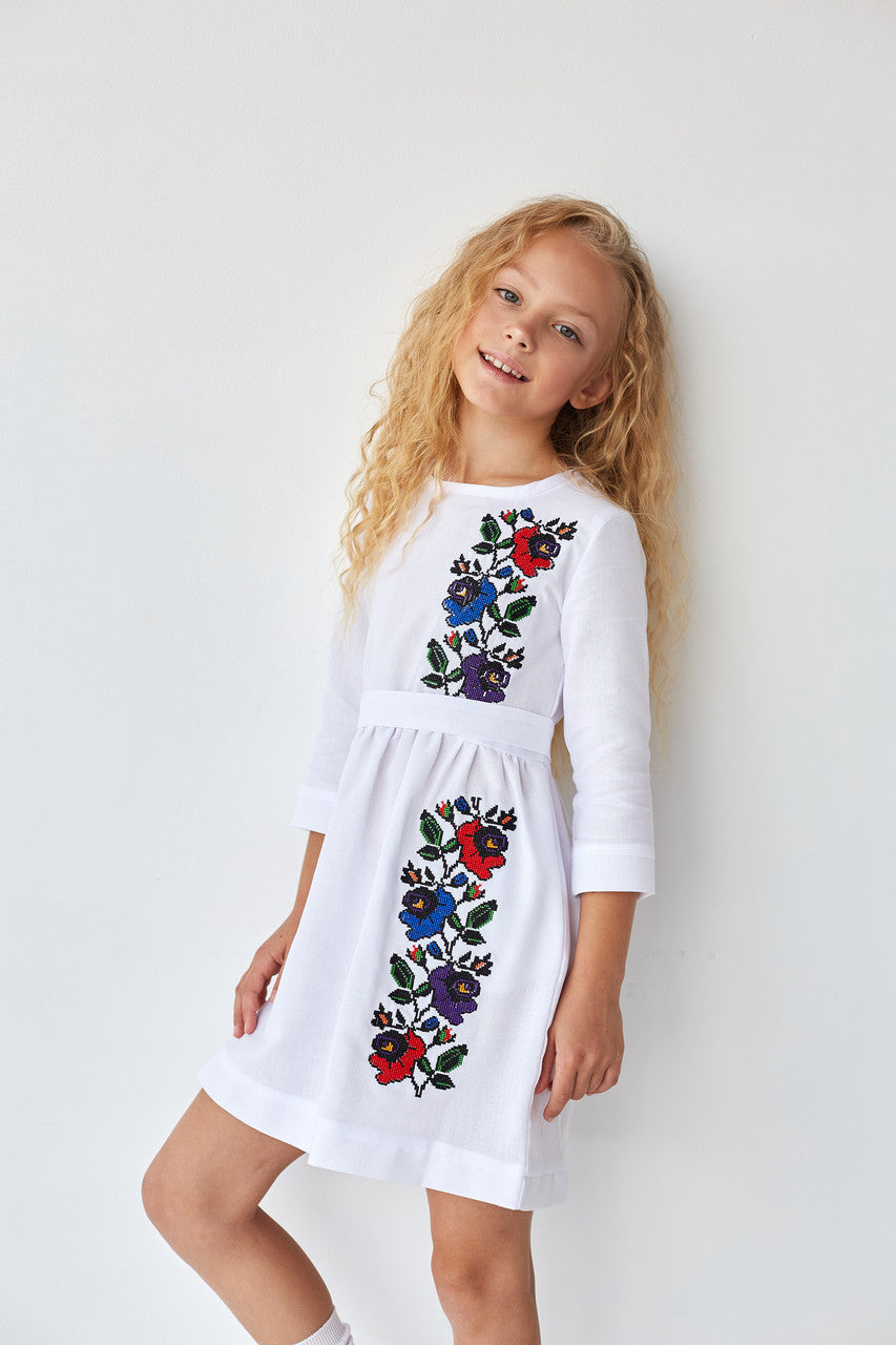 Girls' Ukrainian Embroidered Dress "Malvochka" — Mallow Flower Folk Dress