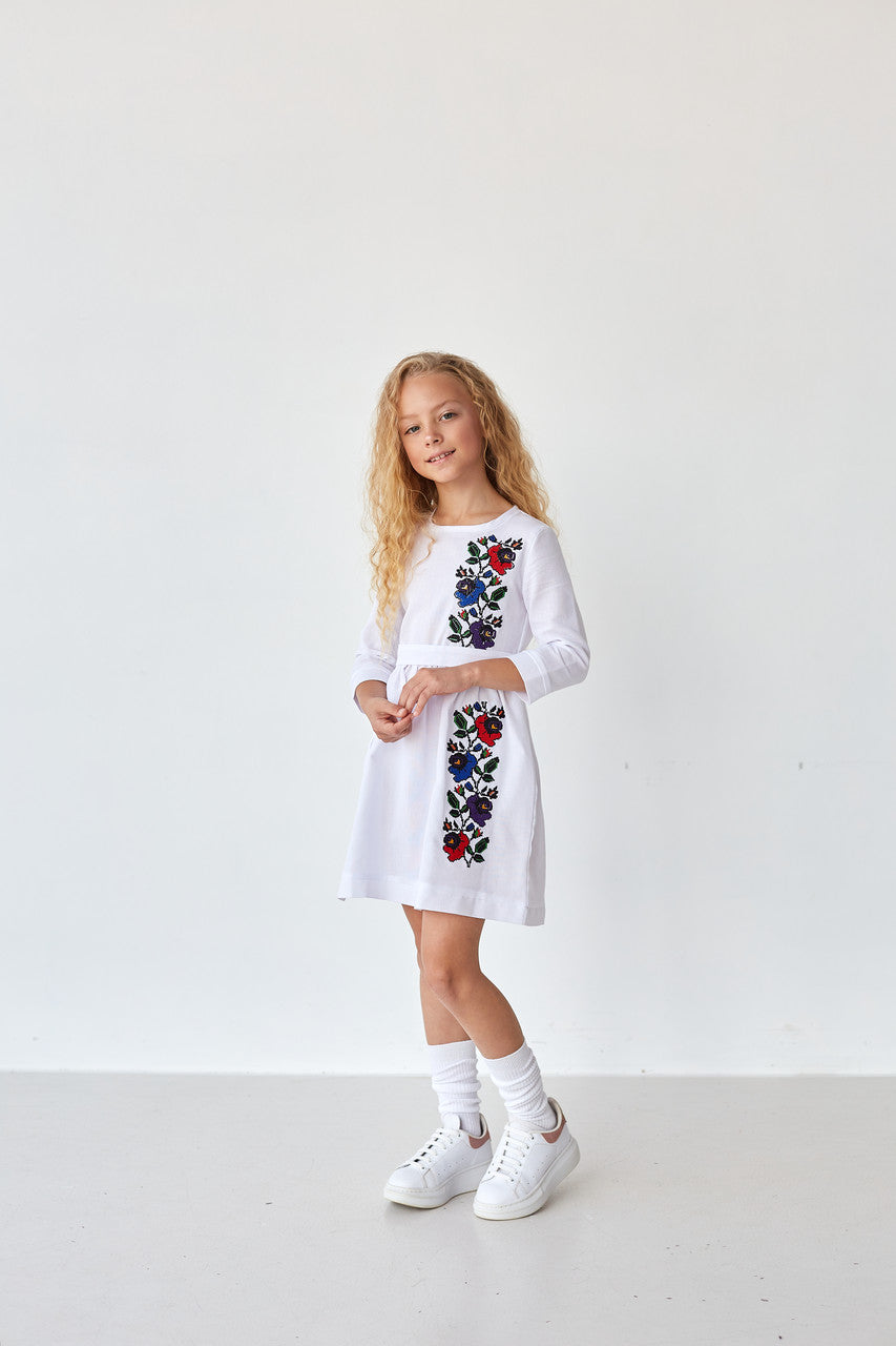 Girls' Ukrainian Embroidered Dress "Malvochka" — Mallow Flower Folk Dress