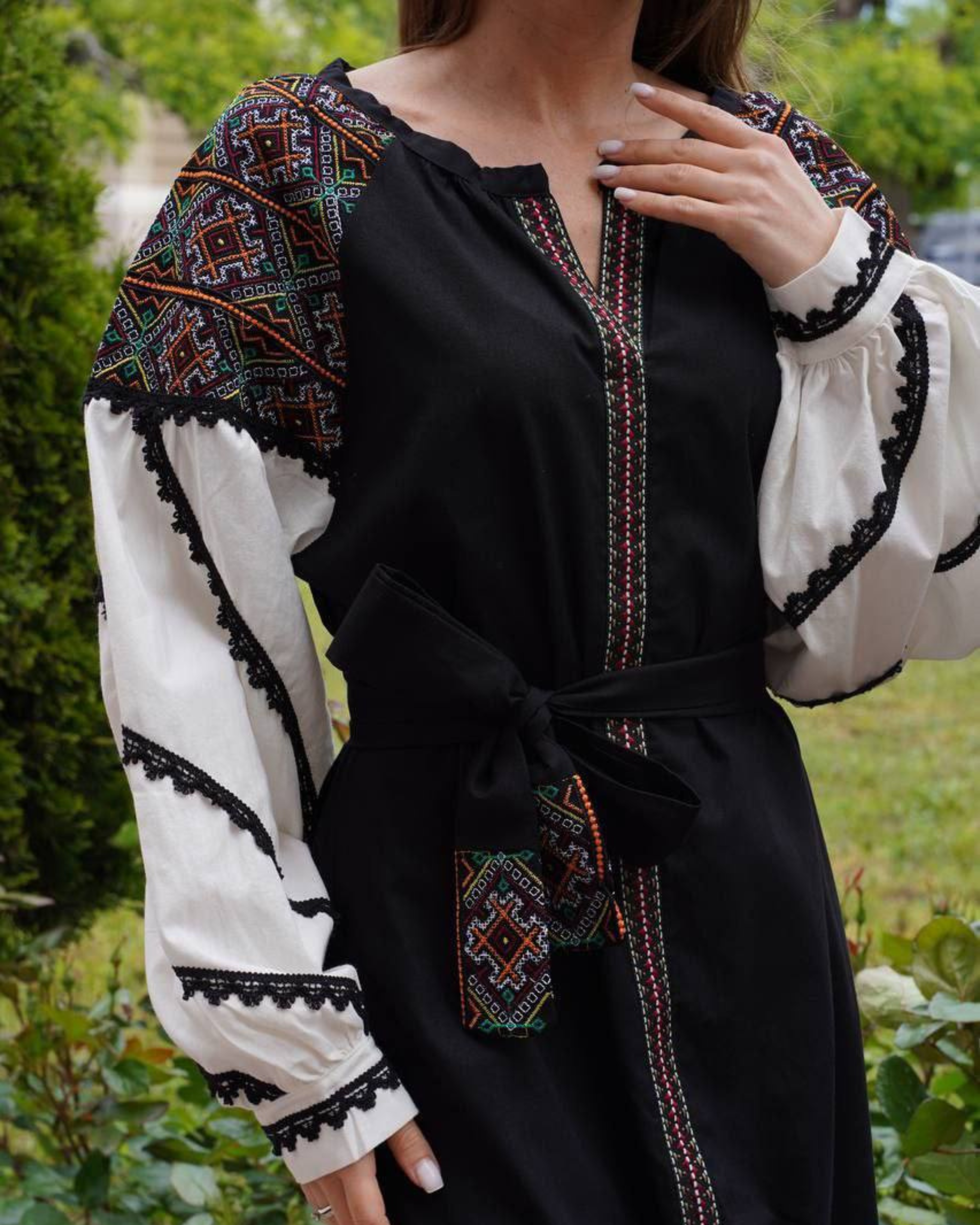 Ukrainian Embroidered Dress with Belt – Cotton Midi | S–3XL