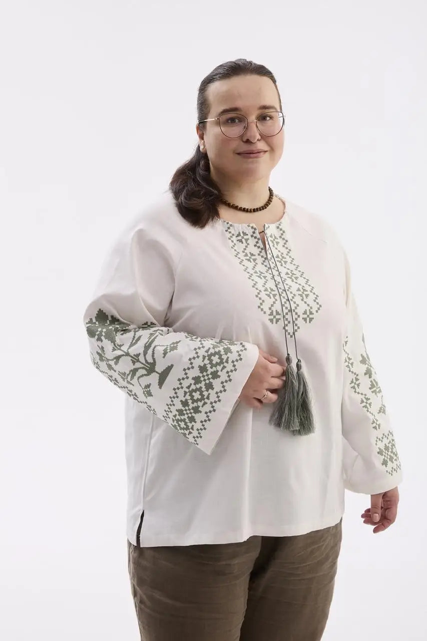 Berehynia Plus Size Linen-Cotton Vyshyvanka Blouse - Milk & Gray