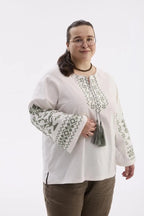 Berehynia Plus Size Linen-Cotton Vyshyvanka Blouse - Milk & Gray