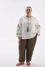 Berehynia Plus Size Linen-Cotton Vyshyvanka Blouse - Milk & Gray
