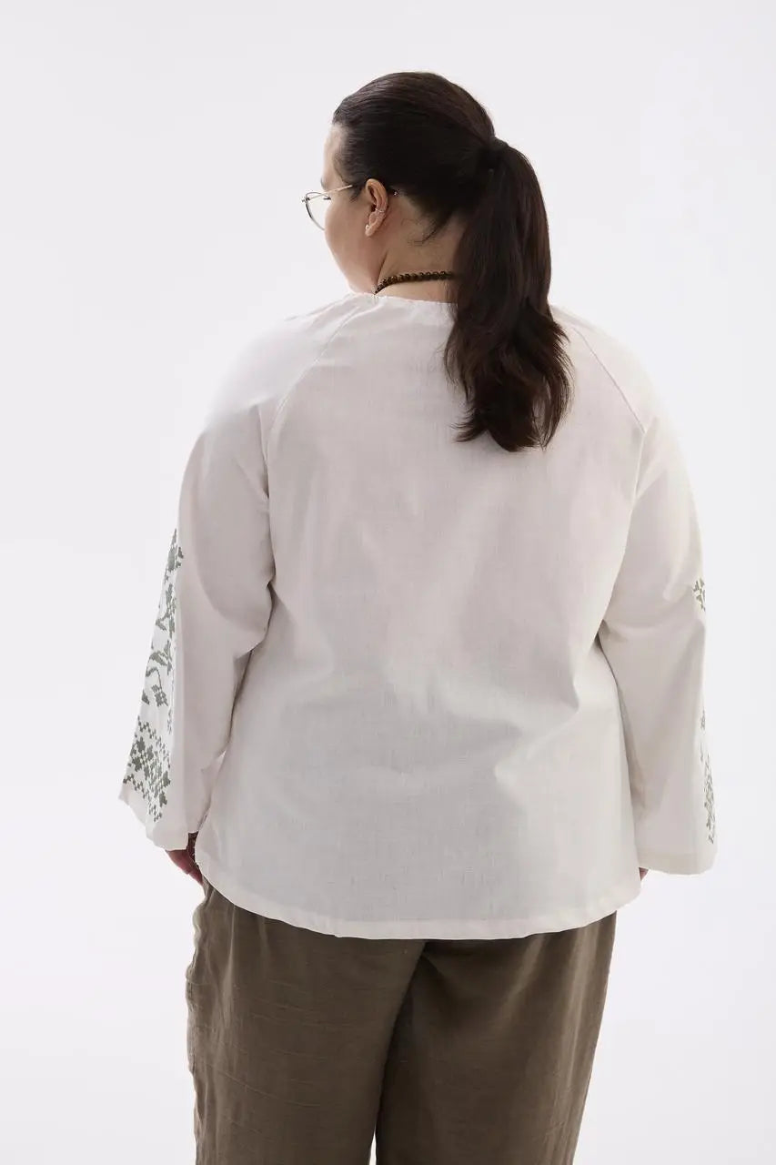 Berehynia Plus Size Linen-Cotton Vyshyvanka Blouse - Milk & Gray