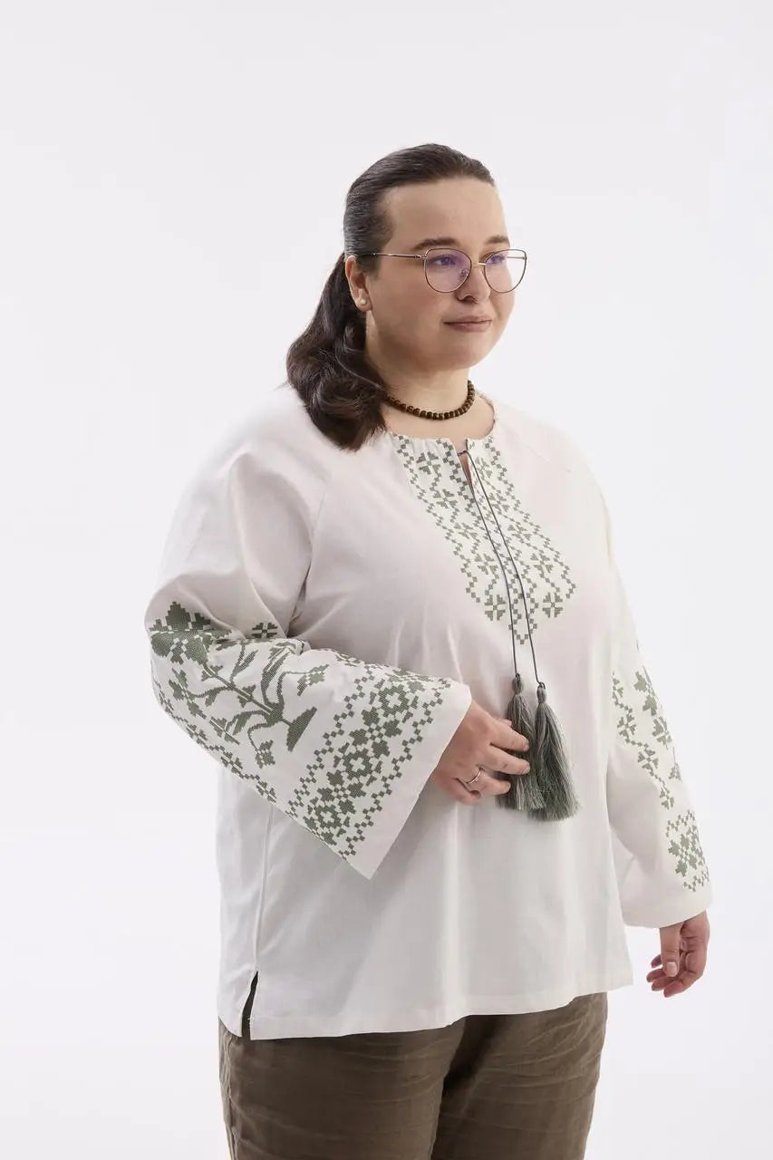 Berehynia Plus Size Linen-Cotton Vyshyvanka Blouse - Milk & Gray