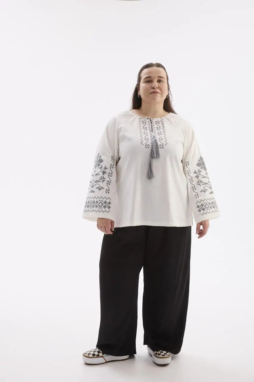 Berehynia Plus Size Linen-Cotton Vyshyvanka Blouse - Milk & Gray