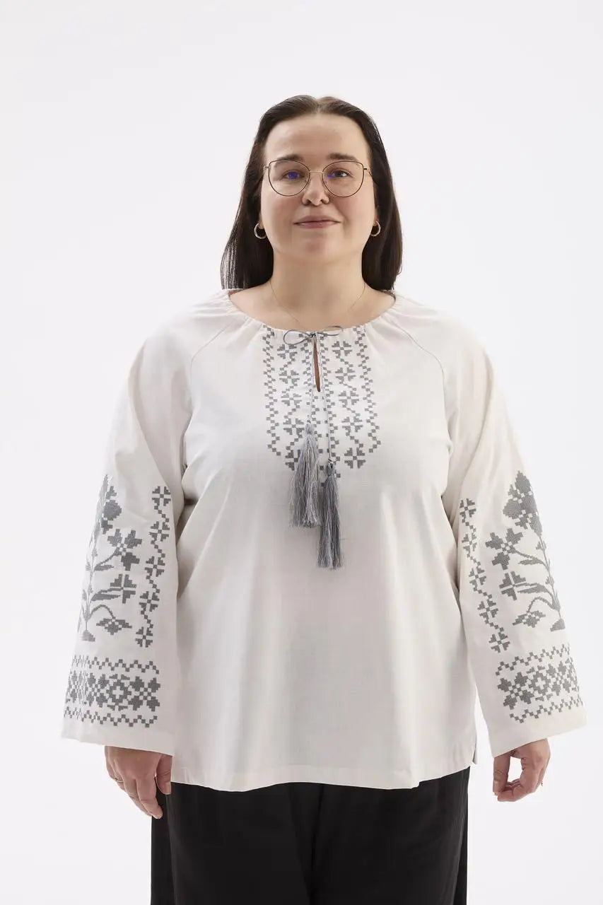 Berehynia Plus Size Linen-Cotton Vyshyvanka Blouse - Milk & Gray