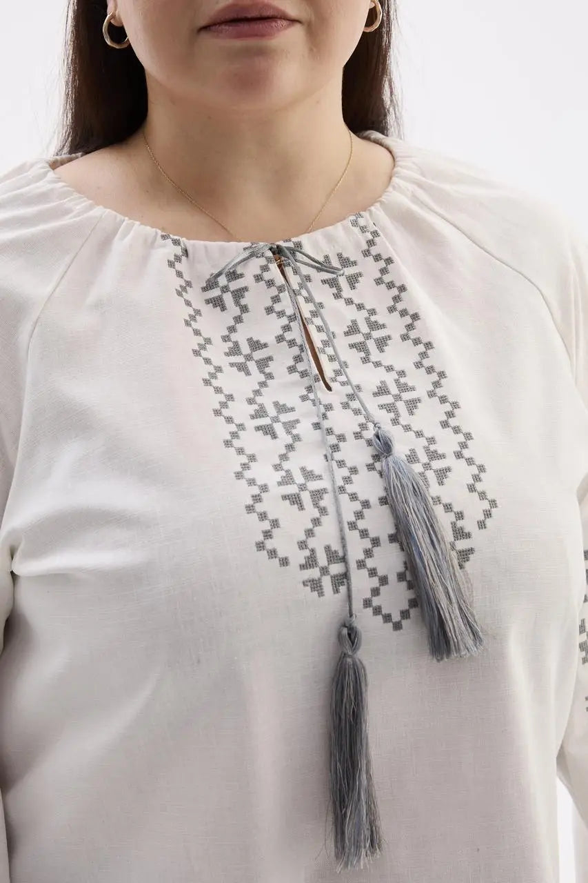 Berehynia Plus Size Linen-Cotton Vyshyvanka Blouse - Milk & Gray