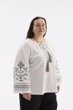 Berehynia Plus Size Linen-Cotton Vyshyvanka Blouse - Milk & Gray