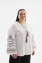 Berehynia Plus Size Linen-Cotton Vyshyvanka Blouse - Milk & Gray