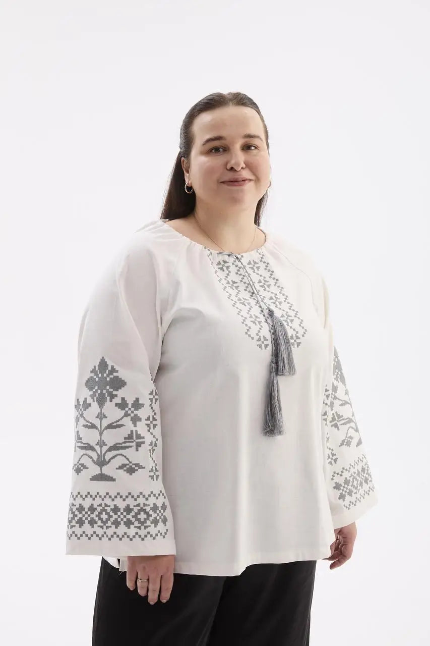 Berehynia Plus Size Linen-Cotton Vyshyvanka Blouse - Milk & Gray