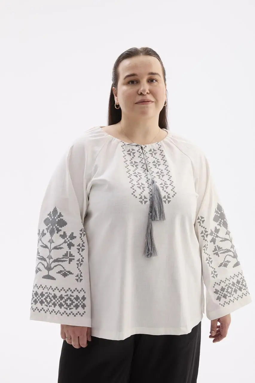 Berehynia Plus Size Linen-Cotton Vyshyvanka Blouse - Milk & Gray