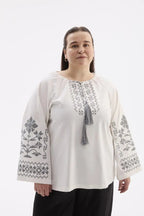 Berehynia Plus Size Linen-Cotton Vyshyvanka Blouse - Milk & Gray