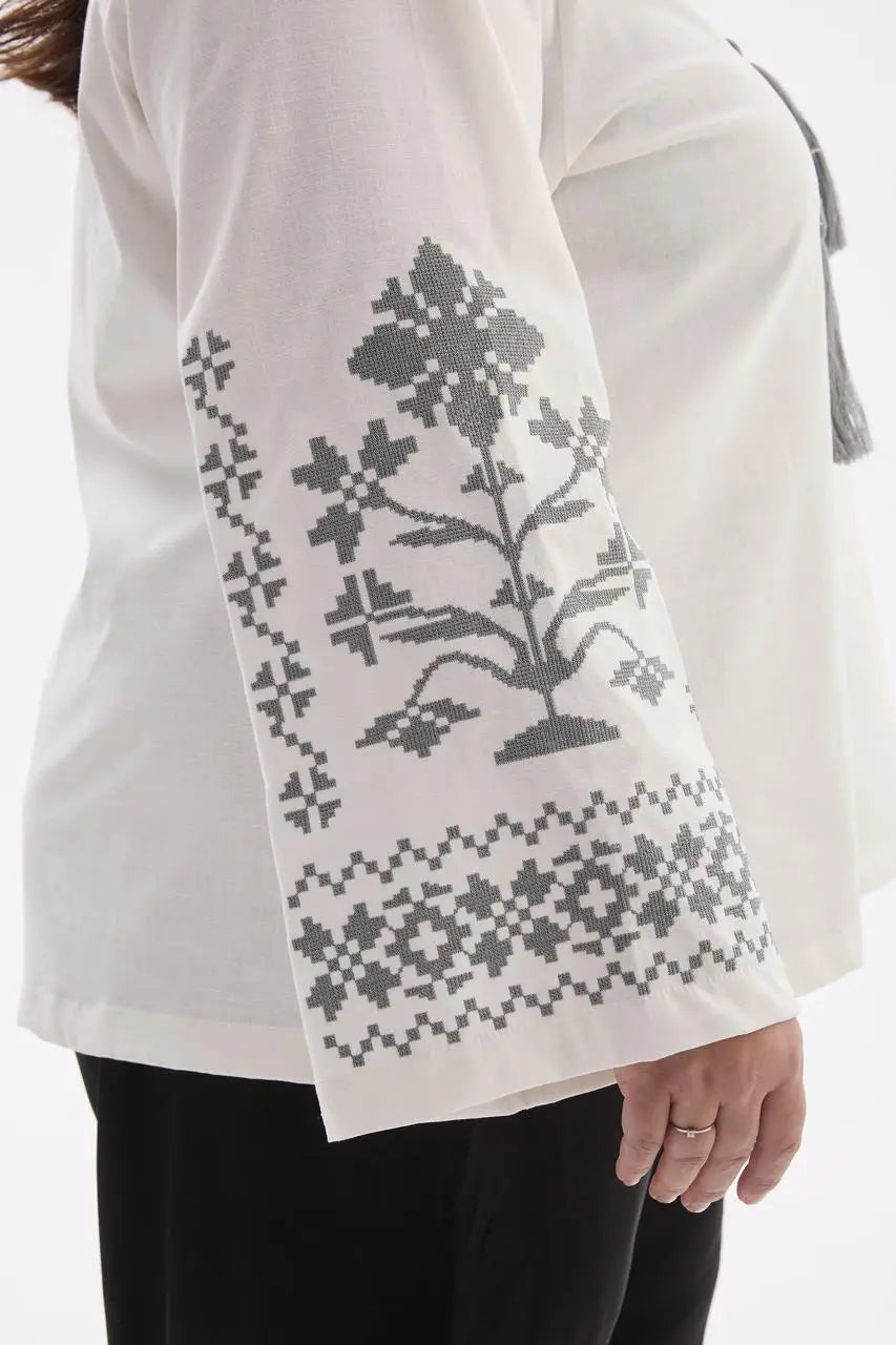 Berehynia Plus Size Linen-Cotton Vyshyvanka Blouse - Milk & Gray