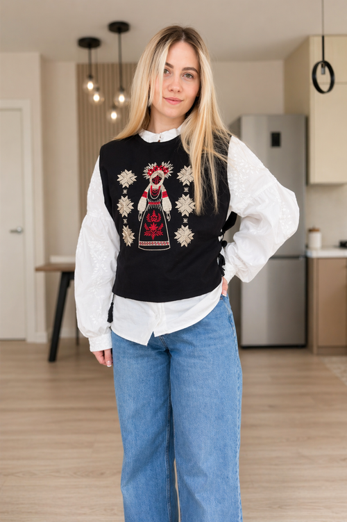 Embroidered Vest & Blouse Set — Manishka Tie Vest + White Vyshyvanka