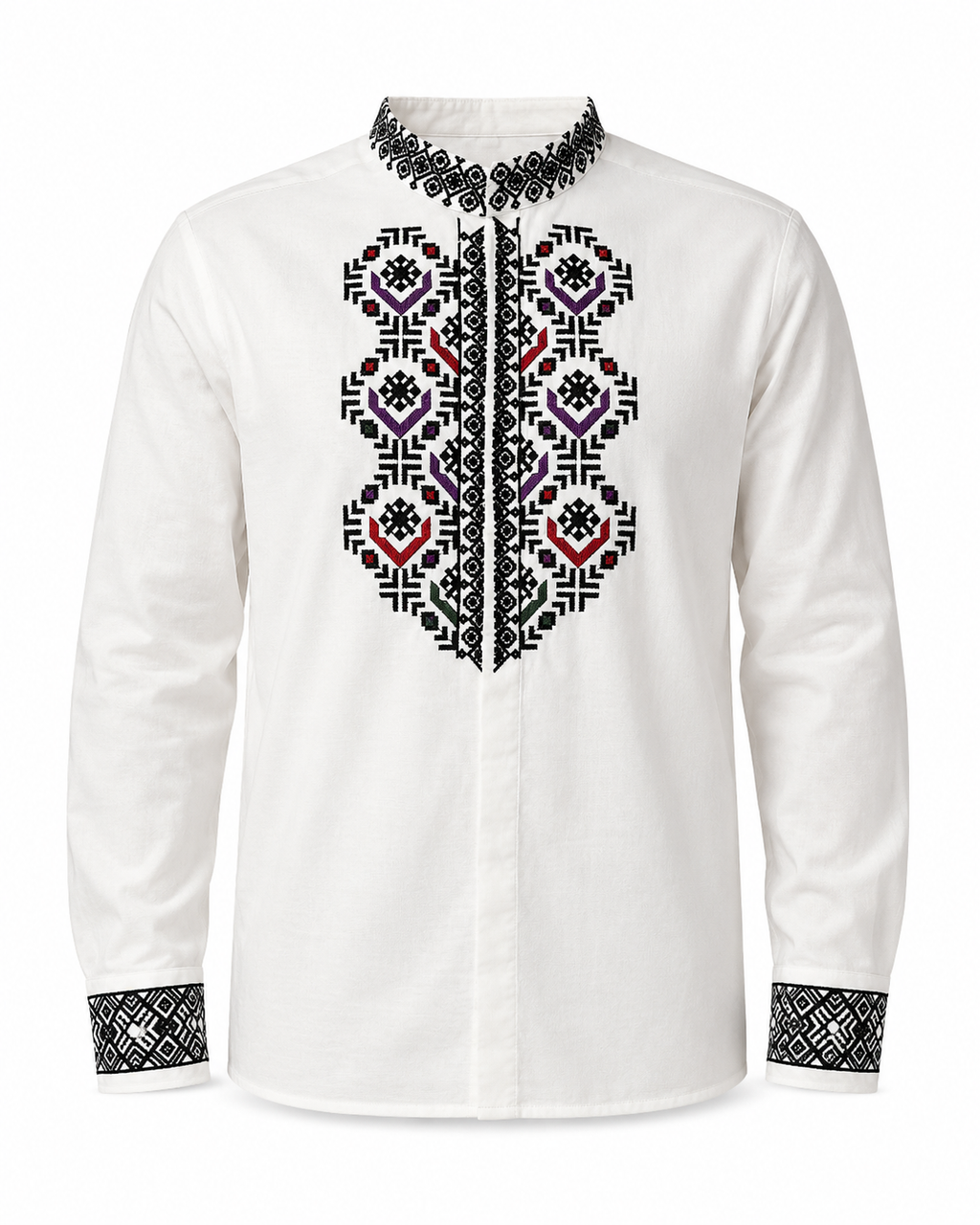 Men's White Cotton Embroidered Vyshyvanka Shirt - Button Front