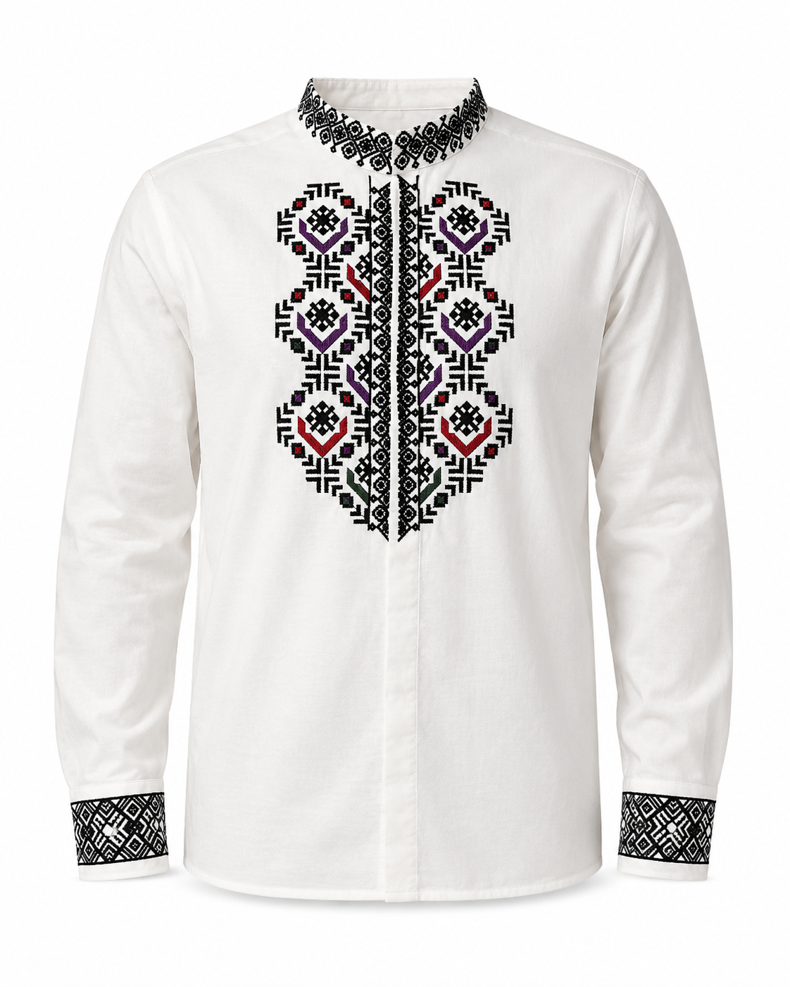 Men's White Cotton Embroidered Vyshyvanka Shirt - Button Front