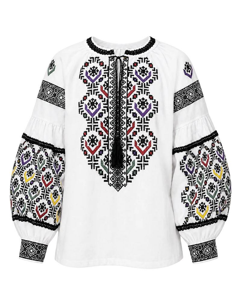 Women's White Tie-Neck Embroidered Vyshyvanka Shirt - Matching Couple Style