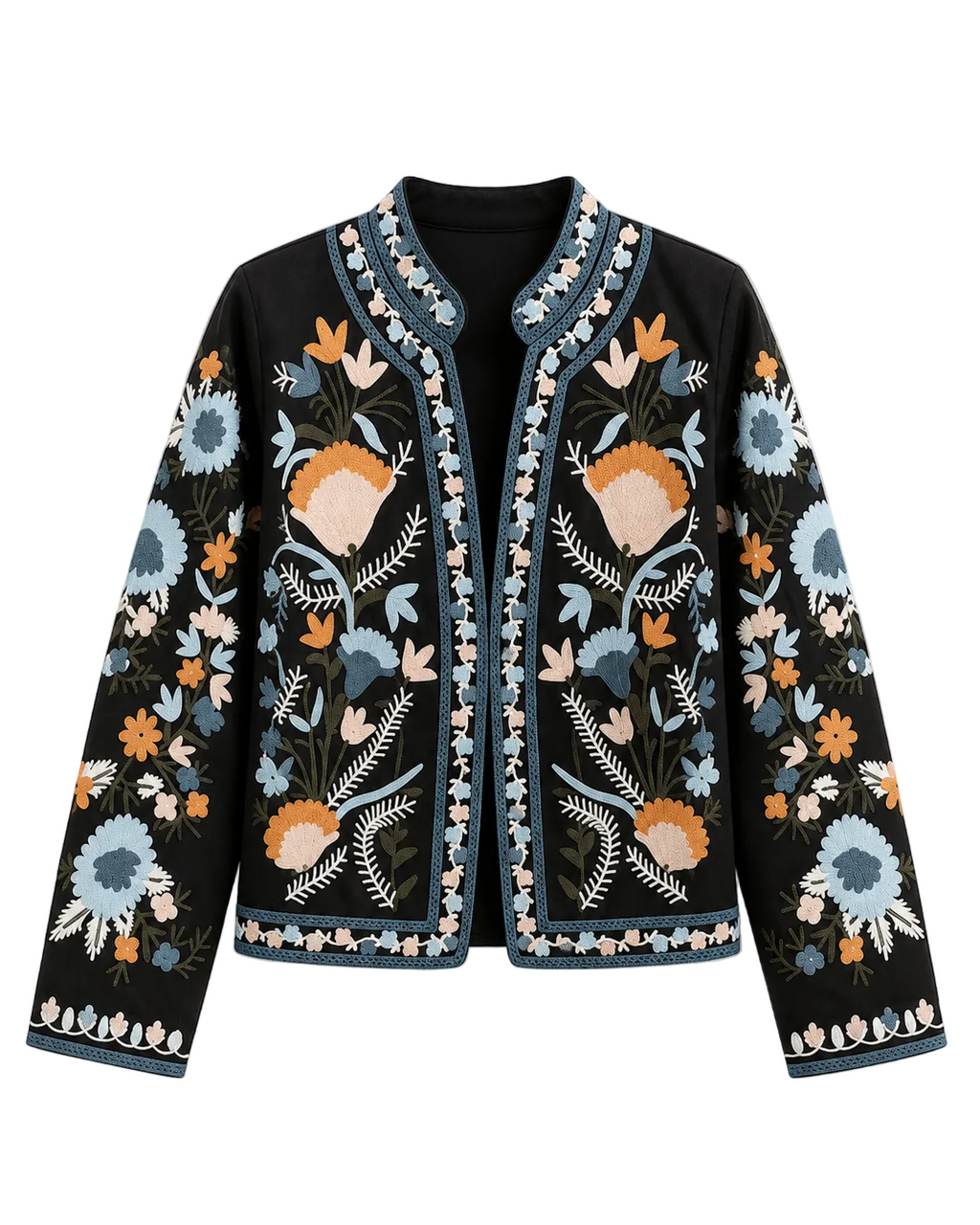 Women's Denim-Cotton Embroidered Jacket - Open Front Vyshyvanka Layer