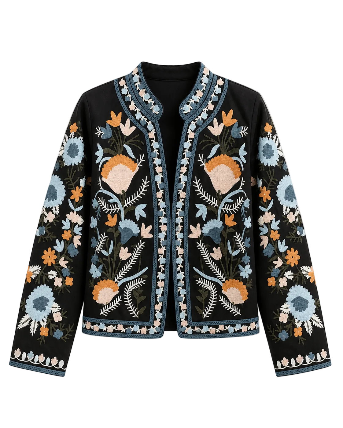 Women's Denim-Cotton Embroidered Jacket - Open Front Vyshyvanka Layer